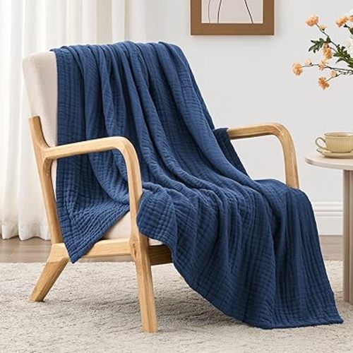 Love's cabin 6 Layer 100% Cotton Muslin Blanket, 50"x60" Throw Muslin Blanket for Couch Bed, Lightweight and Breathable Cotton Gauze for Adult, Dark Blue
