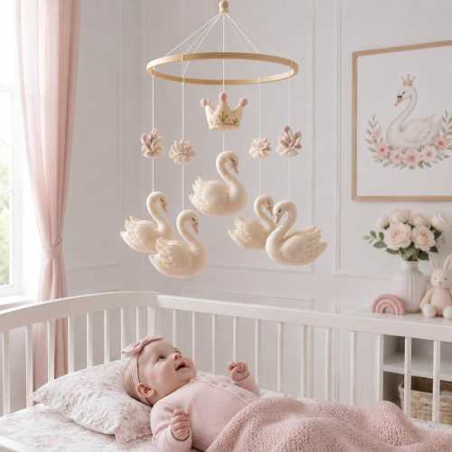 Swan Baby Mobile, Felt Swan Crib Mobile, Princess Nursery Decor, Crown Baby Mobile, Swan Nursery Mobile, Floral Crib Decor, Baby Girl Gift