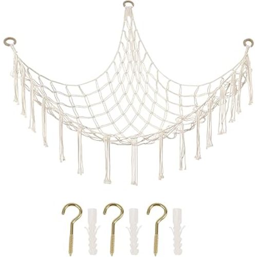 Stuffed Animal Storage Hammock Large Toy Storage Net Stuff Animal Hanging Organizer Holder for Plush Plushie Included Anchors & Hooks Teddy Bear Storage Boho Room Decor