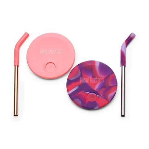 Klean Kanteen Kid's Cup Straw Lid 2-Pack - Food-Grade Silicone Cup Lids with Reusable Drinking Straws - Pink Tie Dye (Pack of 2)