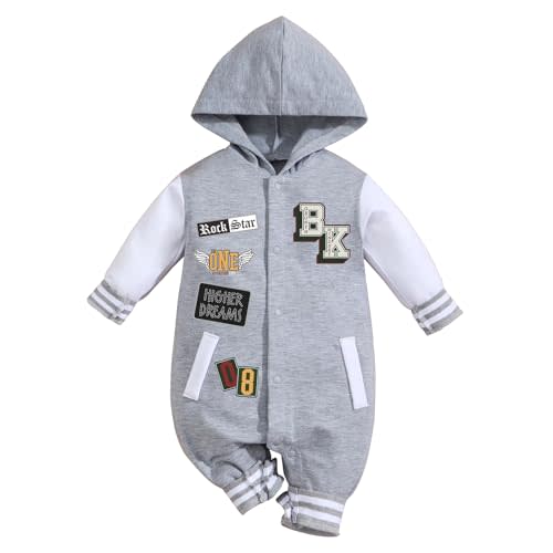 Baby Romper with Hood Snap Button Jumpsuit Varsity and Racing Theme for Boys and Girls Infant Long Sleeve 0-18 Months
