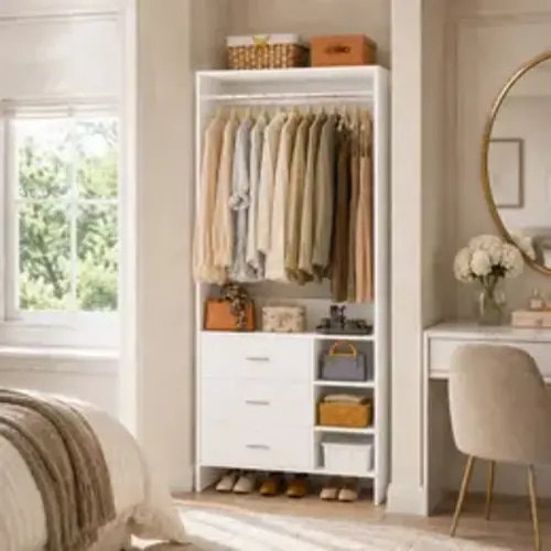 30''W Closet System with 3 Wooden Drawers and Hanging Rod, Freestanding 2.5FT Walk-in Closet Organizer Bedroom Armoire Wardrobe with Storage Shelves,dorm essentials,home decor - TikTok Shop