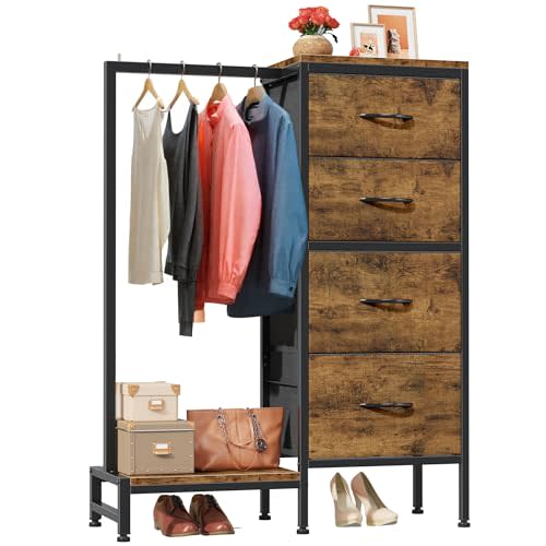 Dresser with Hanging Rack, 4 Drawers Small Closet for Bedroom, Reversible Fabric Kids Chest of Drawers with Clothes Rack, Tall Storage Tower, Sturdy Frame, Rustic Brown, 44''H
