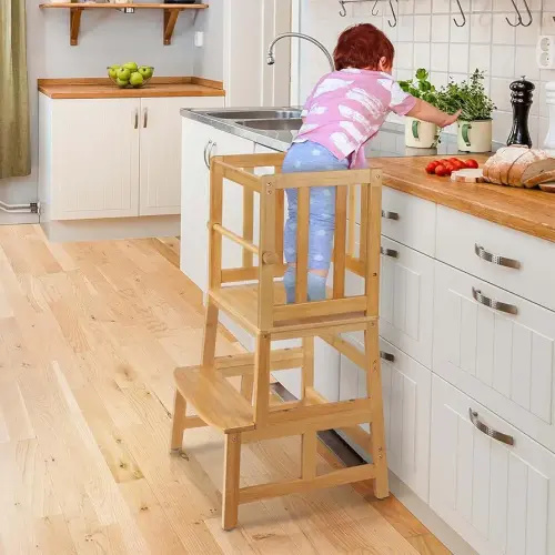 COSYLAND Kids Kitchen Step Stool,Toddler Standing Tower with CPC Certification, Removable Anti-Drop Railing Safety Rail Enjoys Unique Patented Design A Anti-tip Structure More Stable, Natural Bamboo