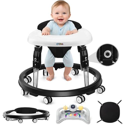 Baby Walker with Wheels, One-Touch Folding Baby Walkers with Height Adjustment and Brake, Portable Walker for Baby Boy Girls 6-18 Months, Black