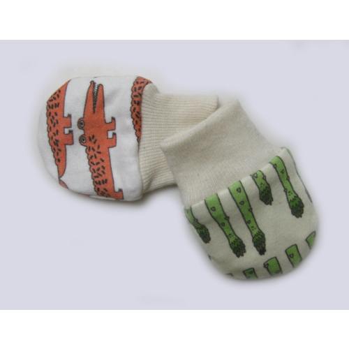 organic cotton newborn scratch mitts, reversible mittens, shower gift, unisex, alligator, asparagus. boy mittens, girl mittens, newborn gift