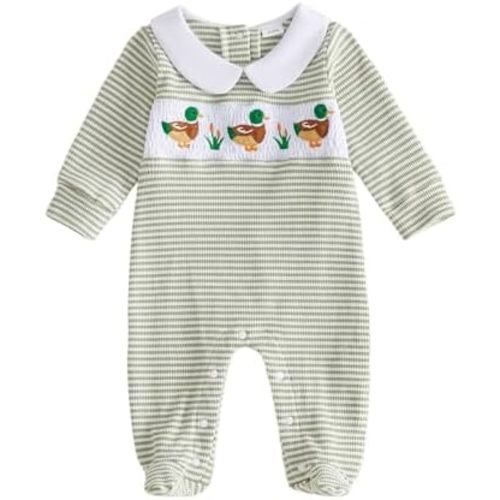 Bagilaanoe Fall Newborn Baby Boy Footie Romper Collared DuckJumpsuit Footed One Piece Clothes Waffle Knit Outfit | 3-6 Months