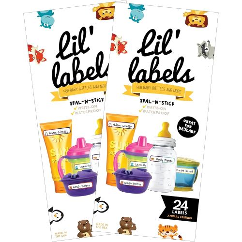 Bottle Labels, Write-On Name, Self-Laminating, Waterproof, Baby Bottle Label for Daycare, Made in The USA (Animal Friends Set of 2)