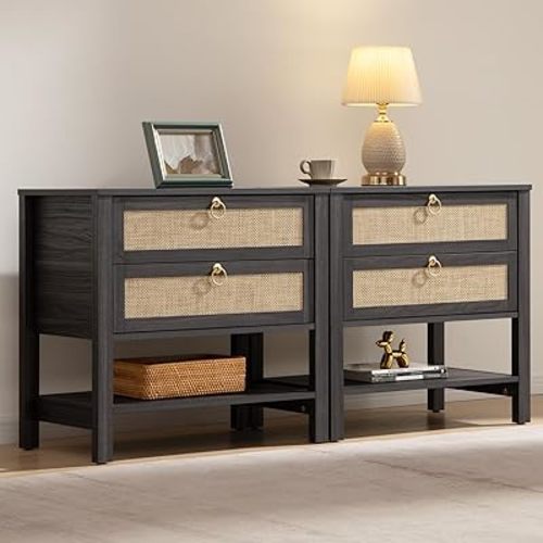 SICOTAS Night Stand Set of 2, Large Nightstand with Drawers and Storage Shelf - Rattan Boho Bedside Table Narrow Side Table for Bedroom, Small Space