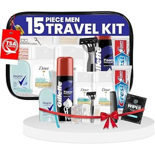 Trektote Travel Toiletry Kit For Men – 15 Piece Set of Travel Size Toiletries, TSA Compliant, Includes Shampoo And Conditioner, Travel Size Shave Cream, Reusable Toiletry Bag & More
