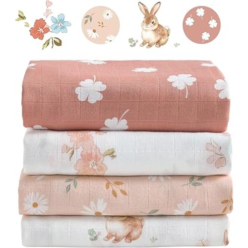 Muslin Swaddle Blankets for Newborn, 4 Pack Large 47"x47" Soft Breathable Bamboo Cotton Baby Blanket, Lightweight Receiving Blanket for Boys and Girls, Spring Bunny Garden