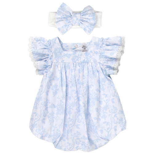 Baby Essentials 3 Months Infant Girls Romper with Matching Headband 100% Cotton Spring Summer Outfit in White Blue Floral