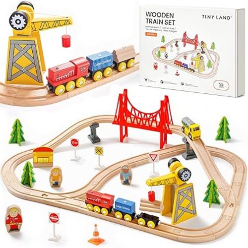 Tiny Land 55PCS Wooden Train Set, Durable Wooden Railway Tracks | Compatible with Major Brand Tracks, Educational Toy for Toddlers & Kids Ages 3-7