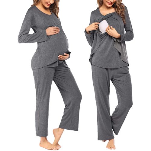 Ekouaer Maternity Nursing Pajama Set Long Sleeve Top & Pants with Pockets Breastfeeding Sleepwear Double Layer Pregnancy
