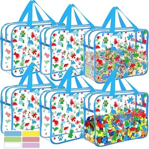 6 Packs Large Toy Storage Bags with Labels, Reusable Clear PVC Storage Bag, Travel Waterproof Organizer Bags (Blue-cute pattern)