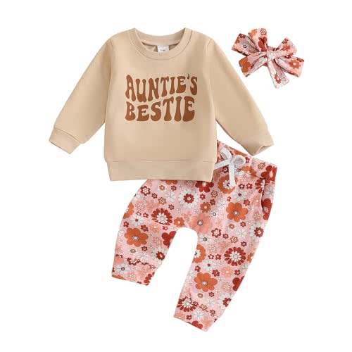 Aunties Bestie Baby Clothes Baby Girl Aunt Saying Letter Sweatshirt Pullover Floral Long Pants Headband 3Pcs Outfit