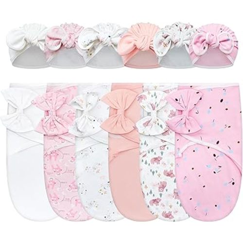 6 Pack Swaddle Blanket with Hats for Baby Girl Boy 100% Cotton Swaddles 0-3 Months, Adjustable Breathable Skin Friendly Receiving Blanket Wrap, Essential for Newborns(Rosette,Pink)
