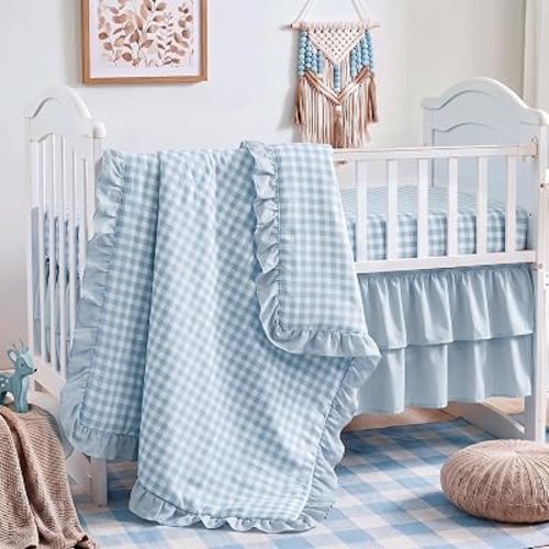 3 Pcs Blue Gingham Crib Bedding Set for Baby Girls & Boys
