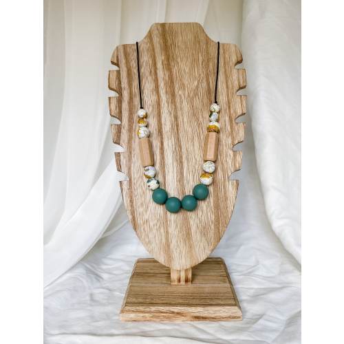 Retro Floral, Pine Green, & Wood Modern Mama Silicone Necklace | Nursing Necklace | Breastfeeding Necklace | Fiddle Necklace