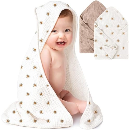 Konssy 2-Pack Muslin Hooded Baby Towels, 100% Cotton, Ultra-Soft & Absorbent Baby Bath Towels with Hood for Newborn & Infant (Camel, Sun,32" x 32")