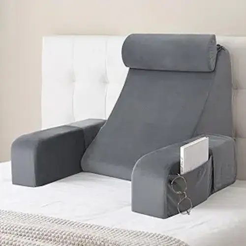 Back Pillow for Bed Sitting Up,Reading Pillow with Armrests & Big Pockets for Adults,Upright Pillow for Resting,Watching TV,Nursing,Recovery,Gaming,Grey