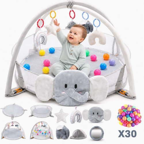 JoyStone 5-in-1 Elephant Baby Gym, Tummy Time Play Mat, Sensory Activity, Includes 30 Balls