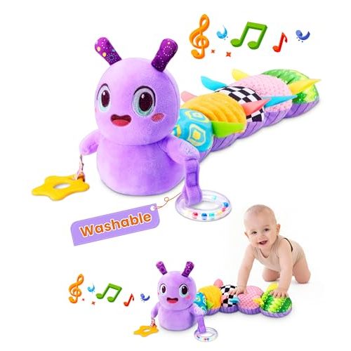 GoGonova Baby Sensory Caterpillar Toy 0-12 Months Plush Activity Toy | Infant Sensory Toy, Crinkle Rattle Teether, Soft Textured Plush, Tummy Time Activity Toy for Newborn Boys Girls