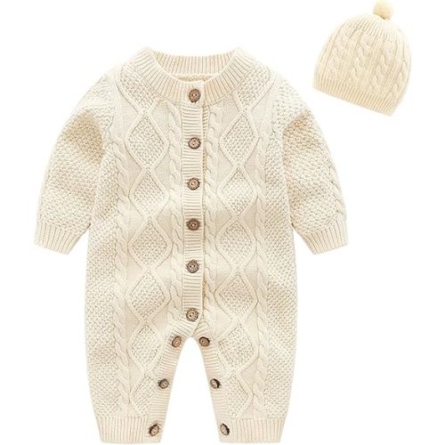 Baby Newborn Boy Knitted Sweater Romper Cotton Longsleeve Outfit with Kids Winter Warm Hats Set
