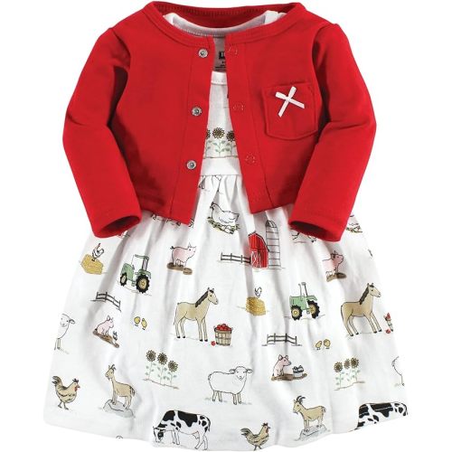 Hudson Baby Infant and Toddler Girls Cotton Dress and Cardigan Set