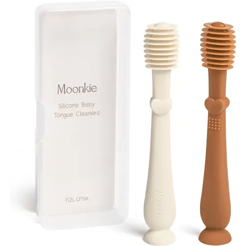 Moonkie Baby Tongue Cleaner, Toddler Toothbrush, Baby Oral Cleaner Newborn Kit for 3 Months+, 2 Pcs (Clay/Ivory)