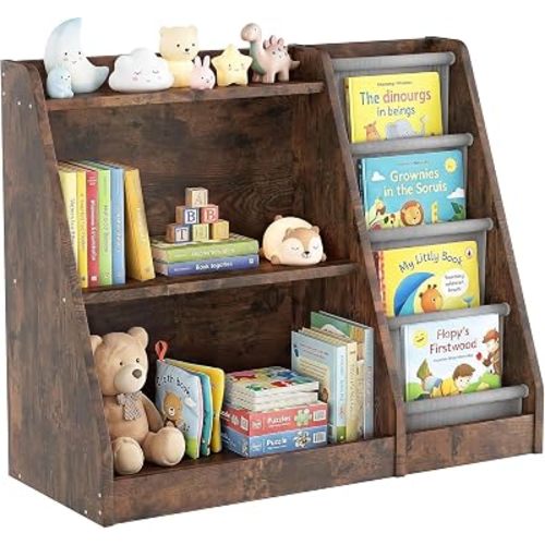 Kids Bookshelf Baby Sling Bookcase 4-Tier Wood, Rustic