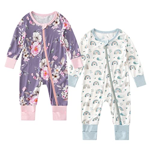 OPAWO Viscose from Bamboo Baby Pajamas Girl 2pack Mittens Cuff 2 Way Zipper Soft Footless Sleeper Baby Boy One-Piece Romper