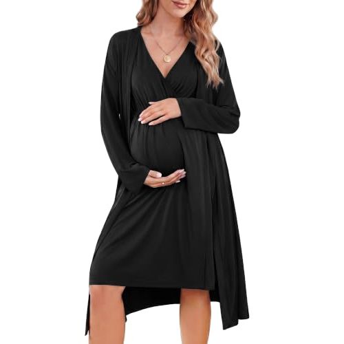 Cutecrop Maternity Nursing Gown and Robe Set Labor Delivery Hospital 2 Piece Postpartum Nightgowns Breastfeeding Lounge Set