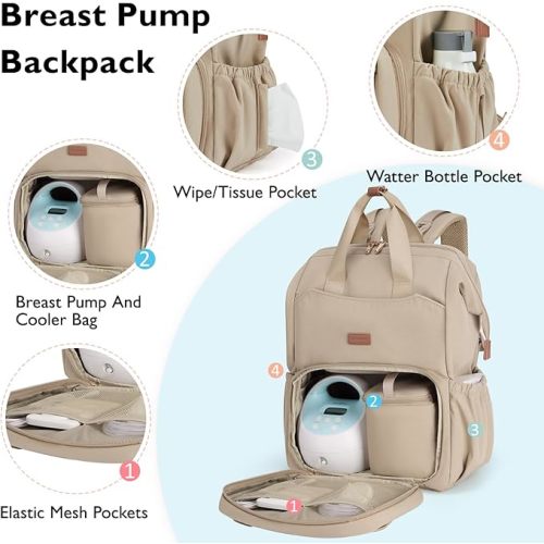 mommore Diaper Bag Backpack, Breast Pump Backpack for Spectra S1,S2 Medela Pumping Backpack for Working Moms with 15.6 inch Laptop Sleeve, Champagne
