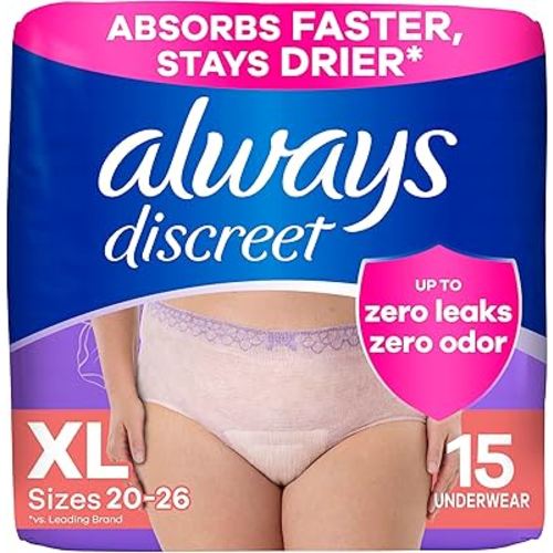 Always Discreet Adult Incontinence Underwear for Women and Postpartum Underwear, Extra Large, Up to 100% Bladder Leak Protection, 15 Count