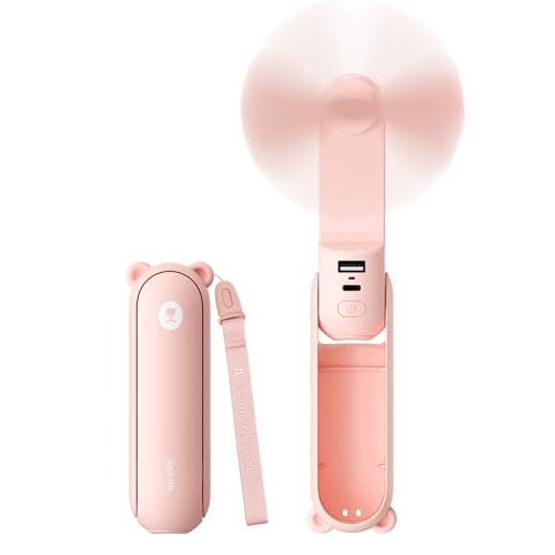 JISULIFE 3 IN 1 Handheld Mini Fan - Portable Fan & Power Bank & Flashlight, 19H Max Cooling, USB Rechargeable, Pocket-Sized for Travel, Cruise, Concerts, Makeup, 2026 Summer Gifts for Women(Pink)