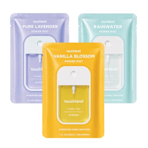 Touchland Blossom Trio Hydrating Hand Sanitizer Spray Set Travel Size | TSA ready Power Mist with skincare benefits. Rainwater, Vanilla Blossom, Pure Lavender.