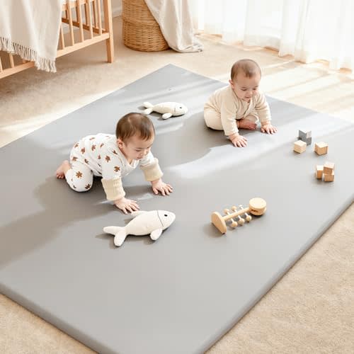 CAPAKIDDO 71"×59" Vegan Leather Baby Play Mat, Thick Foam Cushioned & Waterproof Playpen Mat for Infants and Toddlers, Foldable Non-Slip Floor Mat for Safe Crawling, Tummy Time (Gray)