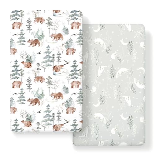 Stretchy Ultra Soft Jersey Knit Fitted Crib Sheets Set 2 Pack,Fit All Standard Crib Mattress Pads Safe and Snug, Stylish Pattren of Bear and Wolf Print
