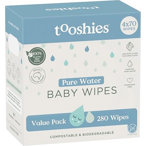Tooshies Wipes | Pure Water Wipes | 100% Plastic Free | Biodegradable | Fragrance Free | 4 x 70pk (280 Wipes)
