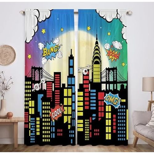 Allenjoy Superhero Super City Skyline Buildings Children Window Curtains for Kids Baby Room Bedroom Nursery Toddler Home Office Decor Decorations Durable Fabric Machine Washable 82 in x 84 in