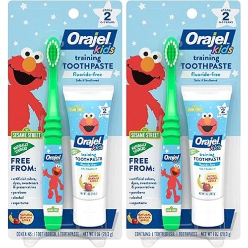 Orajel Elmo Fluoride-Free Tooth & Gum Cleanser with Toothbrush, Combo Pack, Banana Apple Flavored Non-Fluoride, 2 Piece Set (Pack of 2)