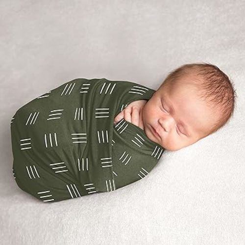 Sweet Jojo Designs Hunter Green Boho Mudcloth Boy or Girl Swaddle Blanket Jersey Knit Newborn Receiving Security White Bohemian Woodland Tribal Southwest Mud Cloth Hatch Gender Neutral Jungle Animal