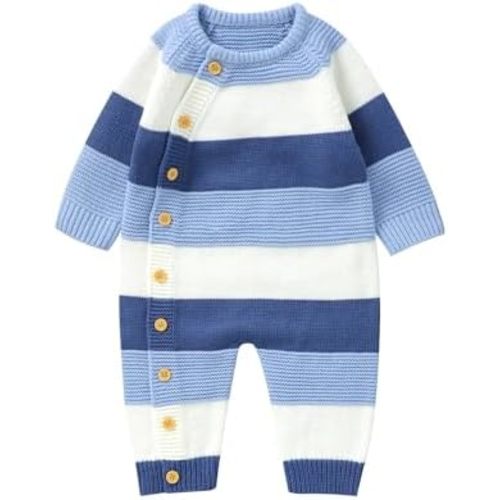 Newborn Girl Boy Striped Sweater Romper Fall Long Sleeve Full Length Playsuit Winter Warm Button Up Knitted Jumpsuit