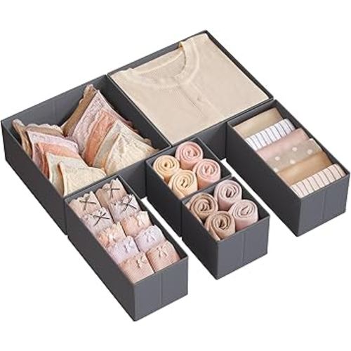 SONGMICS Drawer Organizer, Dresser Drawer Organizers, Set of 6, Foldable Fabric Storage Bins for Socks, Underwear, Bras, Ties, Scarves, Slate Gray URDZ06GV1