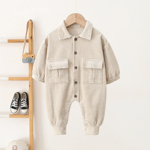Baby Solid Color Corduroy Cargo Romper