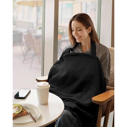 Blissful Diary Muslin Nursing Cover for Breastfeeding, Breathable Breastfeeding Cover up with Arch Neckline for Women, Nursing Apron (Black)