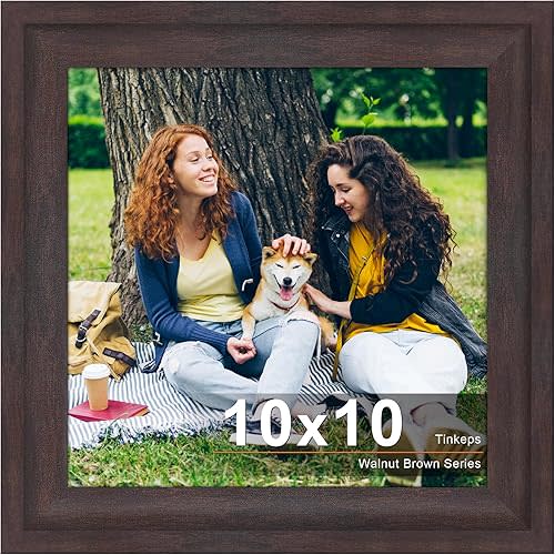 10x10 Picture Frame Walnut Brown with Black Back Board, Curved Extra Wide Edges, Vintage Style Picture Frame 10x10 inches for Wall