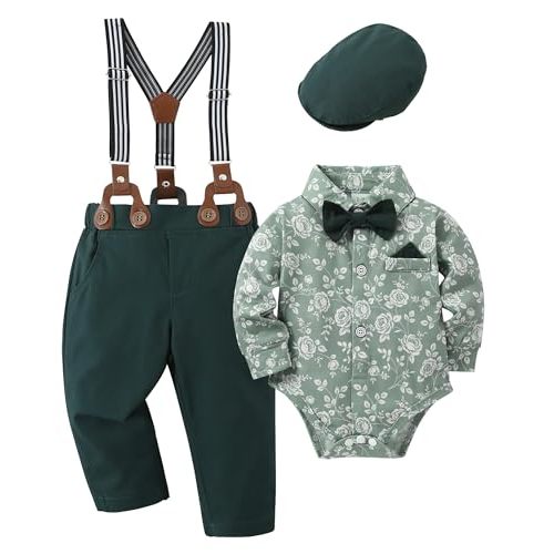 YALLET Baby Boy Clothes Set Infant Tuxedo Long Sleeve Gentleman Suit Outfits + Beret Hat + Suspender Pants + Bowtie 0-18M