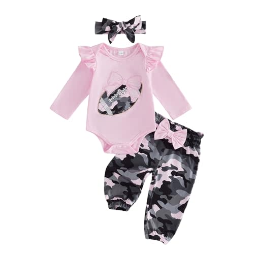 Football Baby Girl Outfit Ruffle Sleeve Romper Camo Pants with Bow Headband